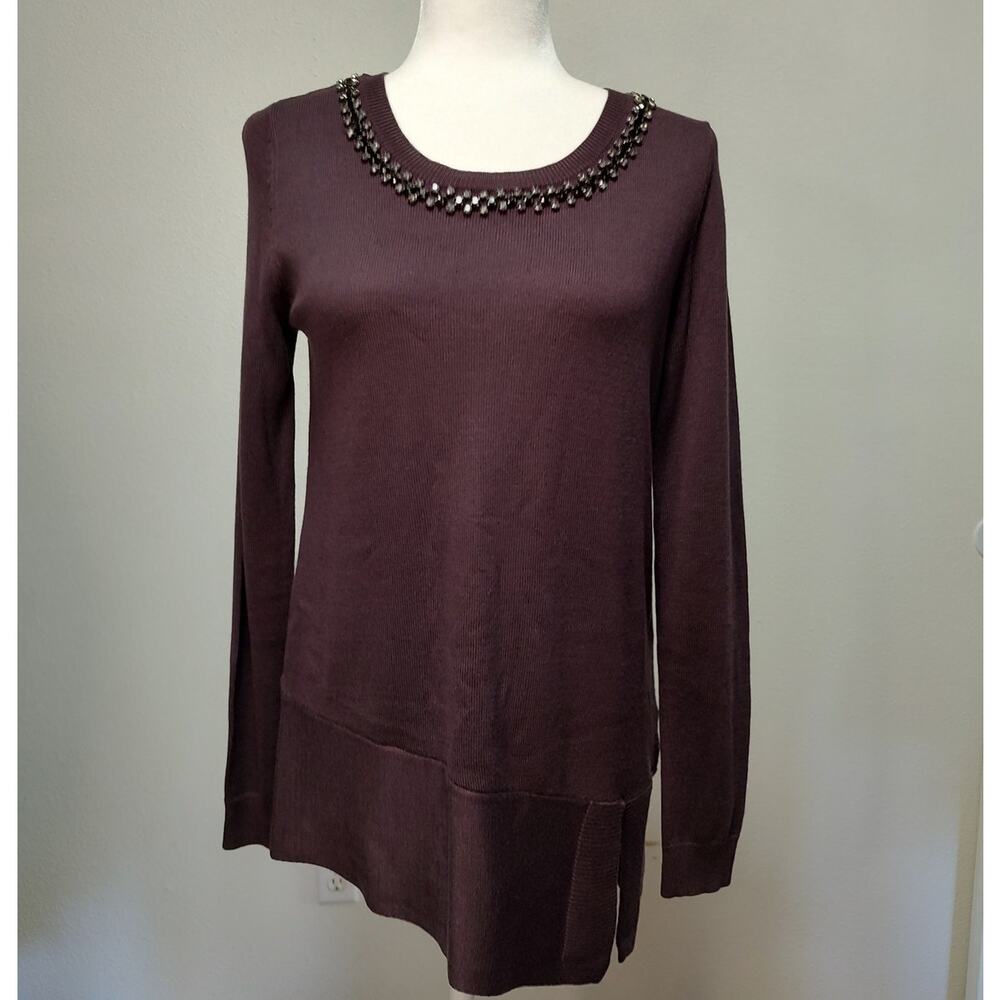 Simply Vera VW Plum Long Sleeve Rhinestone Neck Asymmetrical Hem Sweater Size XS